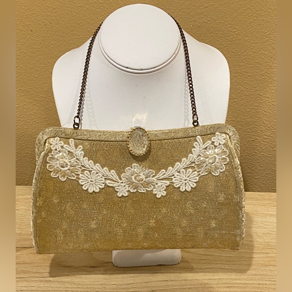 VINTAGE GOLD YELLOW Elegant Clutch with white lace trim